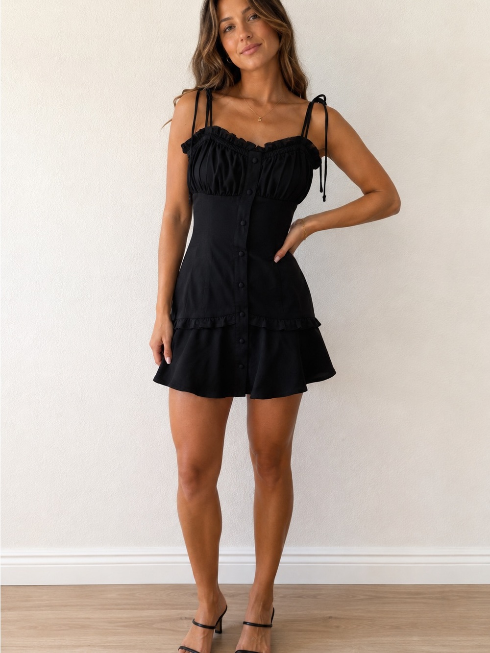 Bar III Black Ruffle-Trim Tie-Shoulder Mini Dress